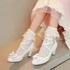 Модельные туфли, милые туфли в стиле Лолиты на высоком каблуке, милый японский бант с перекрестной пряжкой, толстый каблук, круглый носок и неглубокий носок для девочек, аниме Kawaii Loli