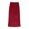 Jupes 2024 rouge paillettes jupe midi pour femmes chic brillant taille haute longue femme mode fête vêtements élégants