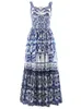 Fashion Runway Women Dress Spahetti Stap Blueand White Porcelain Printed Party Vacation Midi Vestidos Party Expansion