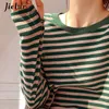 Jielur Green Blue Black Striped Long Sleeve T Shirt Women Cotton Top Female Basic Bottoming Shirt Autumn Tshirts Gloves SXL 240129