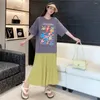 Party Dresses 2024 Summer Long Dress Women's Cotton Material Printed Panel Pleated Skirt Hem Short Sleeve Large