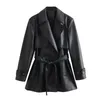 Woman Vintage Black Basic Leather Blazer Autumn Casual Female Solid Long Sleeve Pu Outwear Ladies Cool Straight Blazers 240202