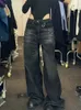 Kvinnors jeans retro svart breda ben jeans för kvinnor överdimensionerade street koreanska modeväska denim byxor grunge y2k kvinnor hip-hop jeans j240217