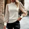 Camicette da donna Autunno Donna Top Patchwork con paillettes Top slim fit alla moda con maniche a sbuffo a collo finto Magliette casual per un look chic