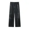 Pantalones de mujer de cuero sintético negro cintura alta holgados Chic Topstitch Pantalones rectos 2024 otoño Casual pierna ancha
