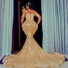 Luxury Gold Plus Size Aso Ebi Prom Dresses Mermaid spets aftonklänningar Formella klänningar för svarta kvinnor födelsedagsfestklänningar engagemangsklänningar för tillfällen NL522