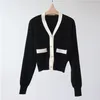 여성용 니트 흰색 니트 가디건 점퍼 한국 패션 통근 단일 색상 단일 브레스트 v- 넥 짧은 소프트 스웨터 재킷 탑