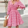 Casual Dresses Spring Summer Bubble Sleeve Waisted A-Line Dress Fashion Pink Floral Print Women V Neck Splicing Big Hem Pullover