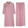 Women's Two Piece Pants 2024 Pink Silk Satin Chinese Style Pan Button Set Loose Large Jacquard Slim Wide Leg