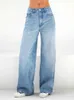 Jeans femininos cintura alta denim bolso jeans mulheres roupas de rua casual lento denim jeans retro azul calças completas oversized melhores calças retas J240217