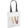 Shopping Bags Canvas Shoulder Bag Women Reusable Grocery Organizer Gold Letter Print Foldable Outdoor Travel Handbag Picnic Tote