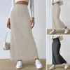 Jupes de couleur unie jupe longue rayée taille haute tricotée maxi pour les femmes longueur de cheville chaude gaine ajustée avec ourlet fendu