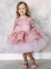 Sequined pink flower girl dresses sheer neck crystals little girl wedding dresses big bow frist communion pageant dresses gowns luxury birthday baby Peageant Dress