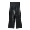 Pantalones de mujer de cuero sintético negro cintura alta holgados Chic Topstitch Pantalones rectos 2024 otoño Casual pierna ancha