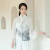 Abbigliamento etnico Stile cinese Donna Cheongsam Top Colletto alla coreana Hanfu Top Camicetta in chiffon Stampa Camicie con linguetta 12989