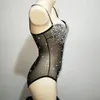 Stage Wear Women Singer Performance Costume Luxurious Gemstones Pearls Dress Sexy V Neck Perspective Mesh Striped Crystals Bodysuit