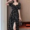 Casual Dresses Meat Cover Elegant Break Under The Floral Spread Fork Dress Female Fat Mm Summer Temperament Model Slimming Long