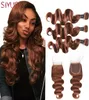 Färg 4 Dark Brown Brasilian Virgin Hair 34 Bunds med spetsstängning Body Wave Human Hair Weaves Extensions med stängning25922492403797