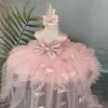 Girl Dresses 2024 Detachable Train Flower Dress Sleeveless Puffy Pink Baby Bow Cute First Communion Birthday Princess Costume