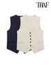 Women's Vests TRAF Women Fashion Front Button Linen Waistcoat Vintage Sleeveless Welt Pockets Female Outerwear Chic Vest Tops