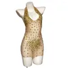 Palco desgaste sexy halter cinto com decote em v mulheres brilhando cristal strass vestido sem costas perspectiva pólo dança baile traje bar dj veste