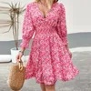 Casual Dresses Spring Summer Bubble Sleeve Waisted A-Line Dress Fashion Pink Floral Print Women V Neck Splicing Big Hem Pullover