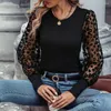 Women's Blouses Crew Neck Women Top Leopard Print Mesh Stylish Spring-fall Slim Fit Blouse With See-through Patchwork Long Sleeves