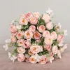 Decorative Flowers 5 Branches 10 Heads Artificial Silks White Pink Fake Rose For Wedding Bridal Bouquet Party Table Room Decoration