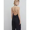 Damestanks Elmsk minimalistisch sexy zwart satijnen top open backless shirt dames halterblouse