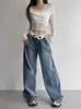 الجينز للسيدات Houzhou Retro y2k جينز Womens Baggy Kpop Gyaru Street Lalking Wide Blue Denim Pants Harajuku الكورية Acubi أزياء عالية الخصر جينز J240217