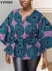 Grande taille 5XL VONDA femmes tops tuniques mode 3/4 manches décontracté imprimé bohème Blouse col en v ample ceinturé chemises de fête 240202