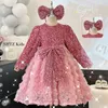 Bling Pink Rose Flower Sheer Neck Crystals Little Girl Wedding Frist Commonion Pageant Dresses Glowns Long SemeVes Baby Peageant Dress Gowns
