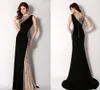 Fashion Black Evening Dresses One Shoulder Long Sleeve Mermaid Celebrity Party Dress Custom Made Crystals Beaded Prom Gowns Formal Ocn