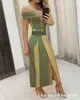 Casual jurken elegant voor dames 2024 zomer colorblock off-shoulder korte mouw hoge taille slim fit split maxi-jurk kantoor