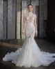 Потрясающие винтажные свадебные платья русалки с высоким воротником и кружевом с длинными рукавами, свадебные платья с иллюзией сзади и аппликациями, платья невесты