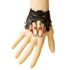 Link-Armbänder für Damen, Lolita, Gothic, schwarz, gestrickt, Spitze, Blume, Fledermaus-Stil, handgefertigtes Armband, Perlentropfen, geschichtete Kette, Quaste, Modeschmuck