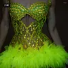 Stage Wear Fashion Green Rhinestone Dress Sequin Sparkle Sexy See Through Club Party Birthday For Women Pole Dance Performance Clothing