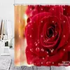 シャワーカーテンレッドローズカーテンロマンチックな愛バレンタインデーポリエステル生地防水スクリーンバスルーム装飾セット
