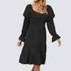 Casual Dresses Autumn Women Fashion Tierred Black Holiday Low Cut Swing Flare Dress HA354