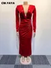 Casual Dresses CM. Women Open Front Long Sleeve Ruched High Side Split Birthday Bodycon Midi Maxi Dress 2024 Evening Party Vestido