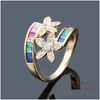 Anneaux de mariage Bague de fiançailles de fleur arc-en-ciel remplie d'or pour femmes Colorf Zircone cubique Cz Bague d'éternité Bagues de promesse Fas Dhgarden Dhmkg