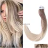 Skin Weft Hair Extension Top Quality 8Aindian Remy Human Straight Wave Pu Tape On Extensions 25G Per Piece Ombre Color 6T613 40Pcs61 Dhamr