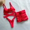 Женские купальники, комплект из 3 сексуальных бикини с юбкой, красные бикини с цветочным принтом, женский купальник 2024 с плоским животом, купальные костюмы, купальный костюм, боди, пляжная одежда
