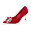 Dress Shoes Elegant Bowtie Rhinestone Wedding Women Red Flock Shallow Thin Heel Pumps Woman Pointed Toe High Heels Bridal 2024