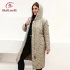 HaiLuoZi Spring Jacket For Women Long Female Coat Warm Plus Size Parkas Fashion Belt Design Hooded Quilted Outwear 7081 240131