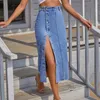 Юбки Винтажная однобортная джинсовая юбка Женская мода с высокой талией трапециевидной формы с боковым разрезом миди женская повседневная облегающая джинсовая юбка
