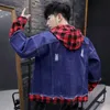 Male Jean Coat Outwear with Hole Ripped Men's Denim Jacket Hooded Hat Light G Vintage Korea Loose Washed 240119