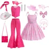 Film Margot Robbie Cosplay Costume étoilé rose gilet haut pantalon écharpe Costume pour enfants filles fête d'anniversaire robe à carreaux 240126