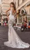 Chic Illusion Beach Sirena Vestidos de novia Cuello transparente Sin espalda Apliques de encaje Rebordear Perlas Vestido de novia Tren de barrido robe de mariee