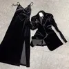 Stor storlek sammet glid klänning blazer oufits v hals ärmlös slits vestidos kvinnor två bit set vår mode chic coat kostym 240122